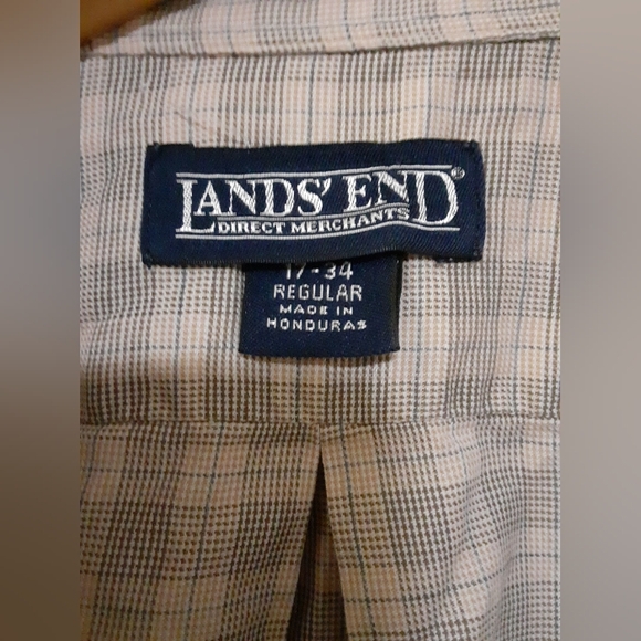 Lands End Men's Long Sleeve Button Down Shirt Tan Cream Gigham Abstract 17 - 34 - Picture 3 of 5